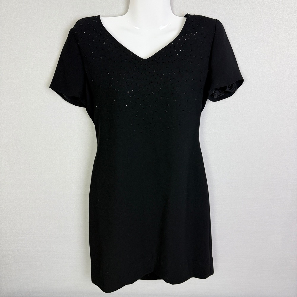 Jones New York‎ Petite Black Dress Short Sleeve Embellished Career Cocktail